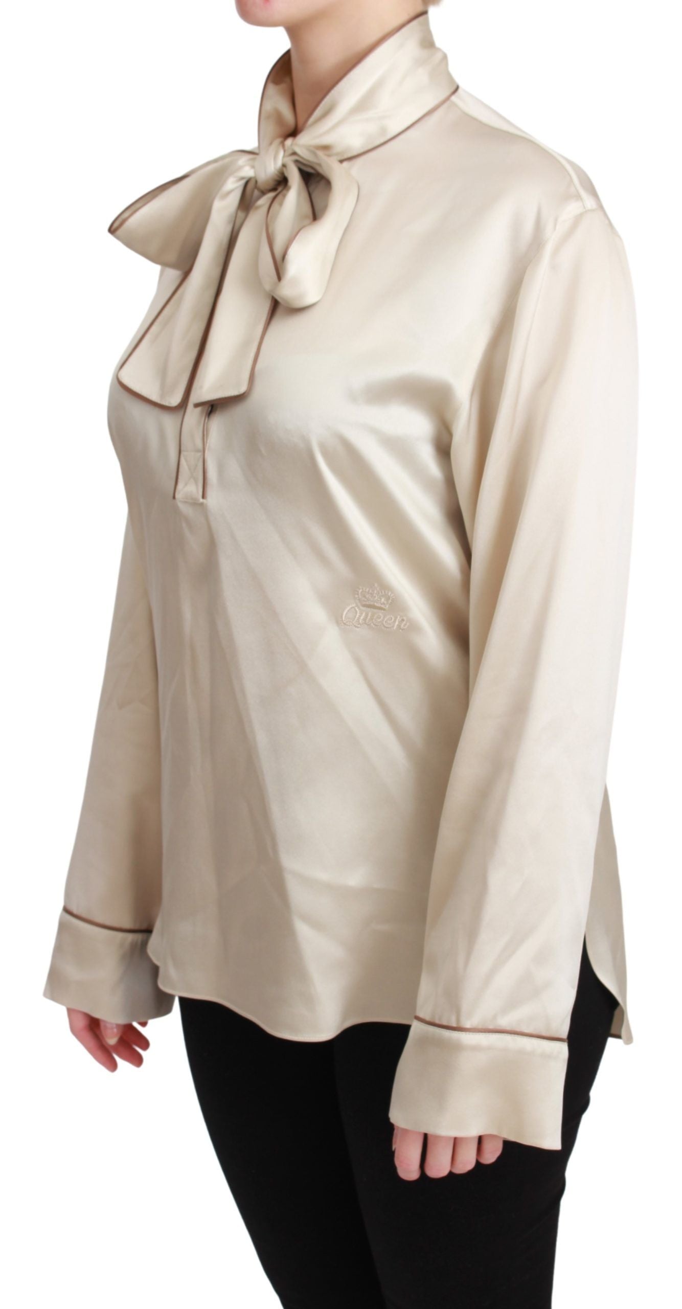 Dolce & Gabbana Elegant Beige Silk Satin Blouse with QUEEN Embroidery