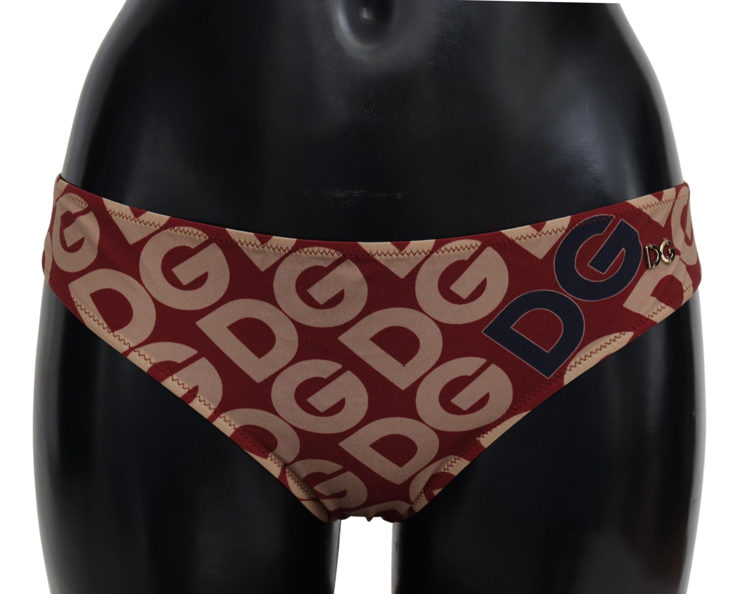 Dolce & Gabbana Chic Maroon Beige Logo Print Bikini Bottom