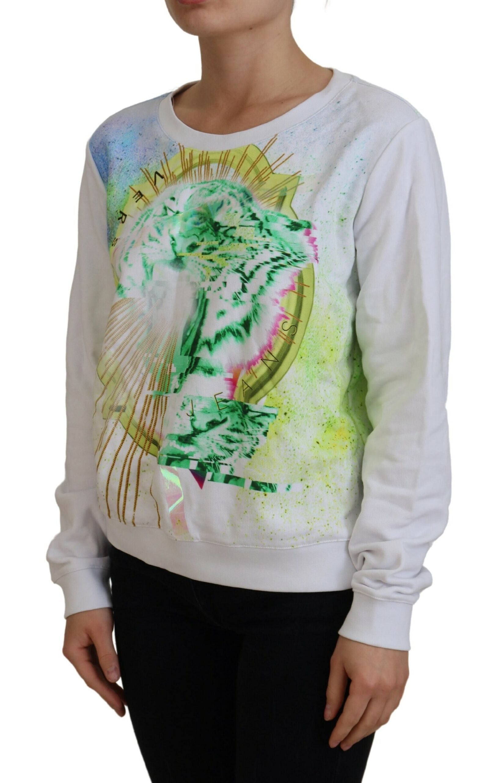 Versace Jeans Elegant White Graphic Crew Neck Sweater