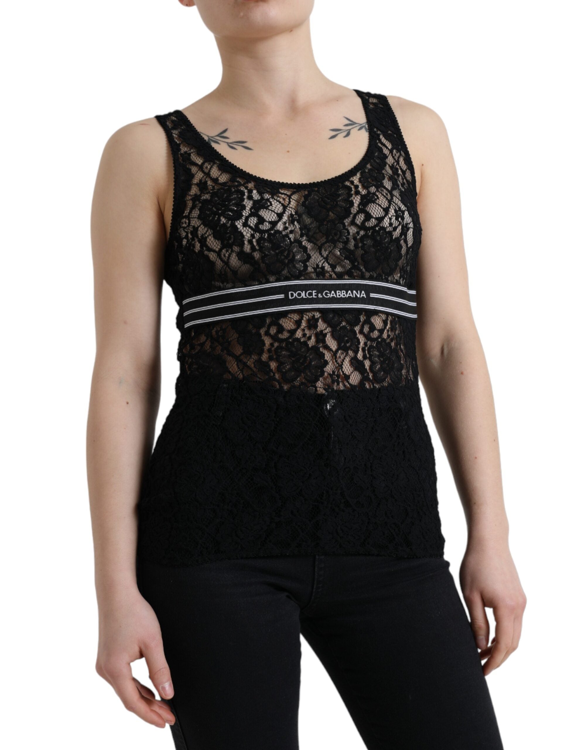 Dolce & Gabbana Elegant Lace Tank Top with Logo Stripe