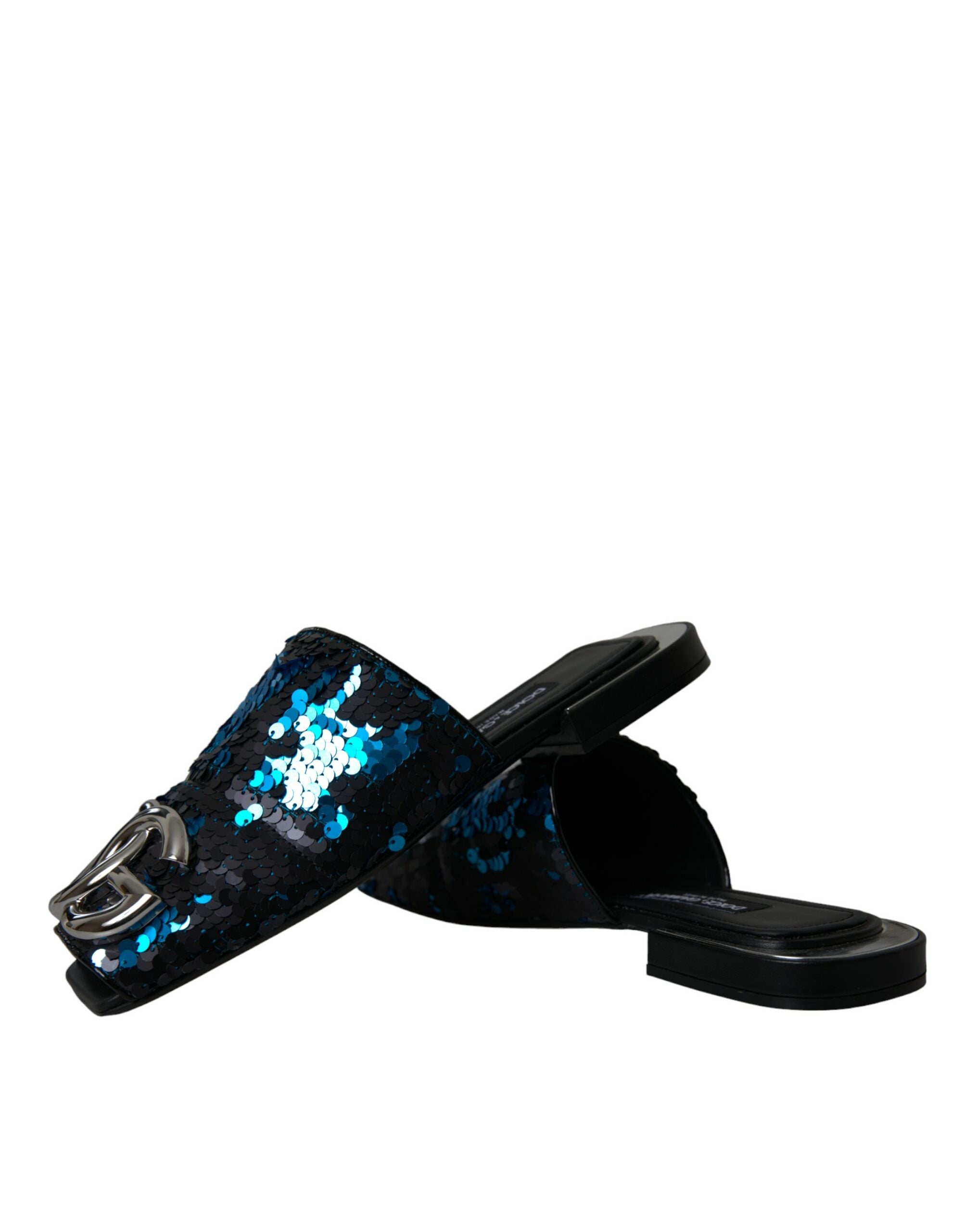 Dolce & Gabbana Blue Sequin Logo Slides Sandals Shoes