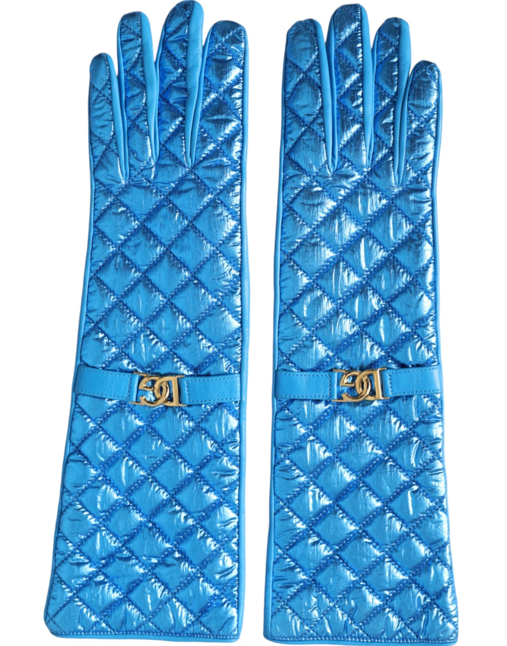 Dolce & Gabbana Blue Leather Quilted Mid Arm Length Gloves