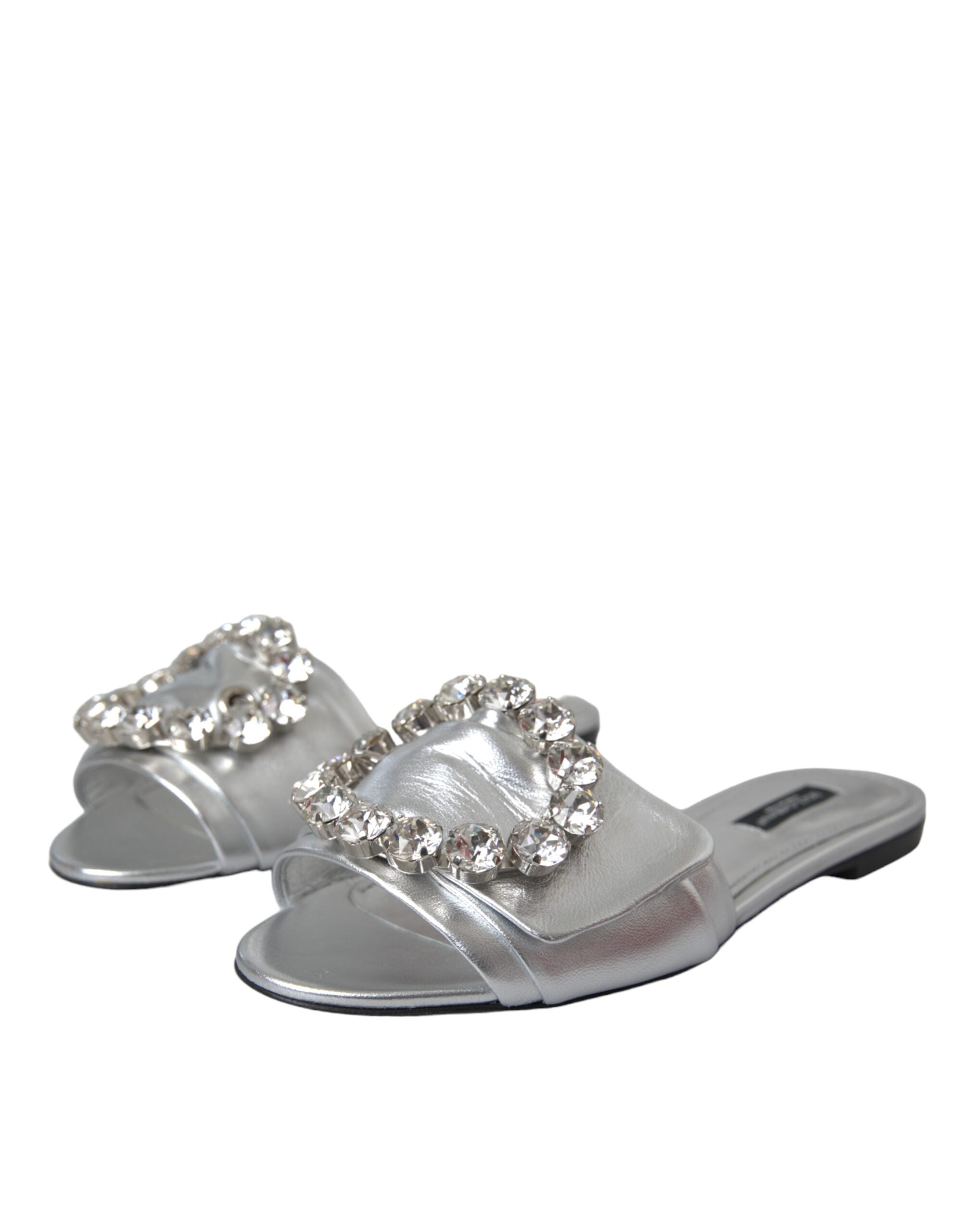 Dolce & Gabbana Silver Crystal Leather Flats Sandals Shoes