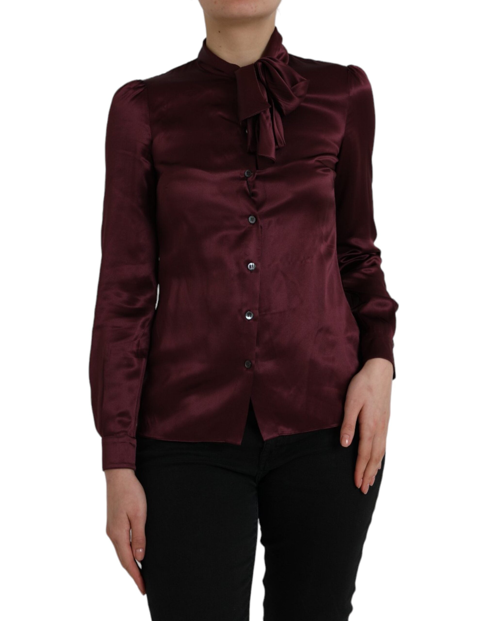 Dolce & Gabbana Maroon Ascot Collar Long Sleeve Top Blouse