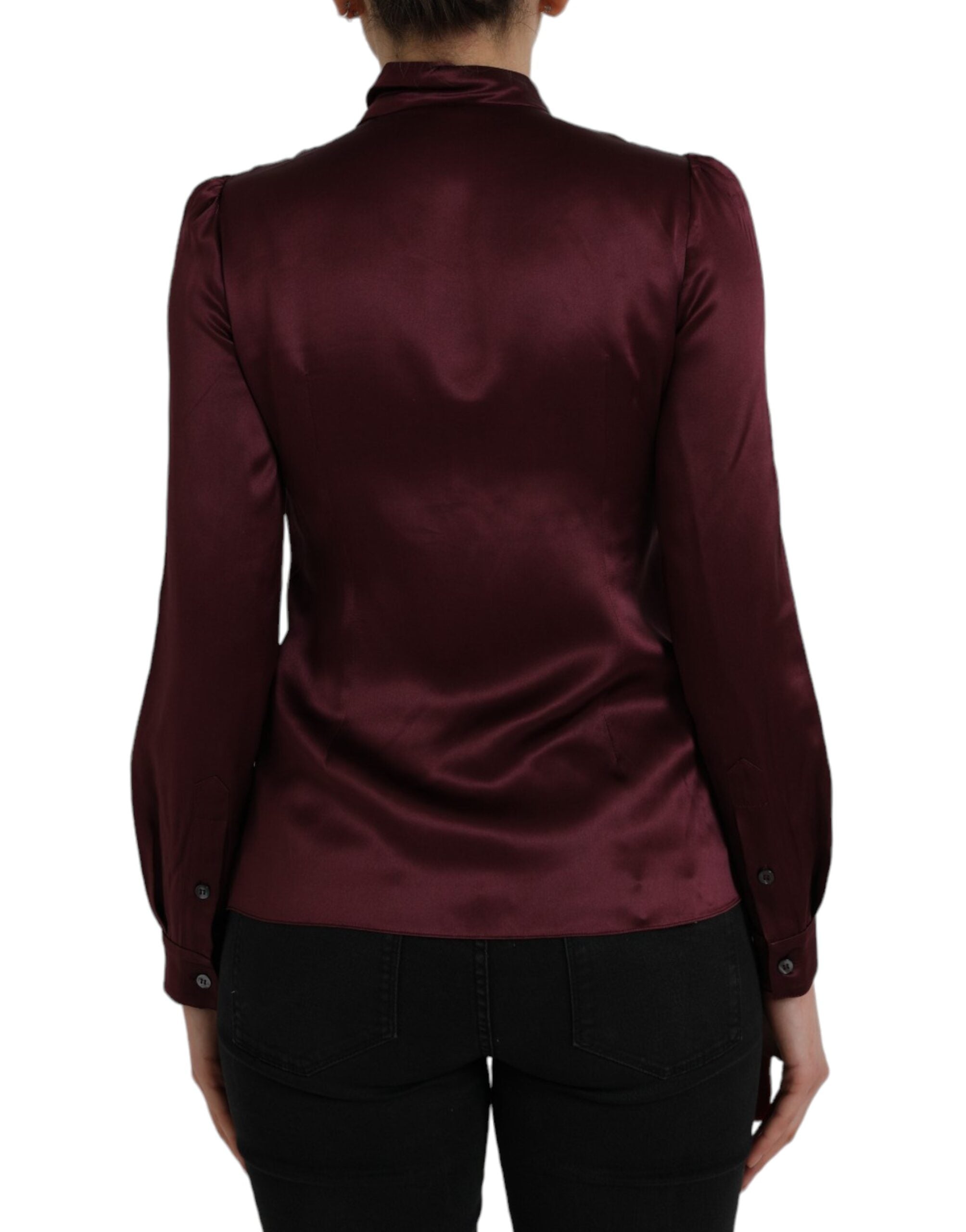 Dolce & Gabbana Maroon Ascot Collar Long Sleeve Top Blouse