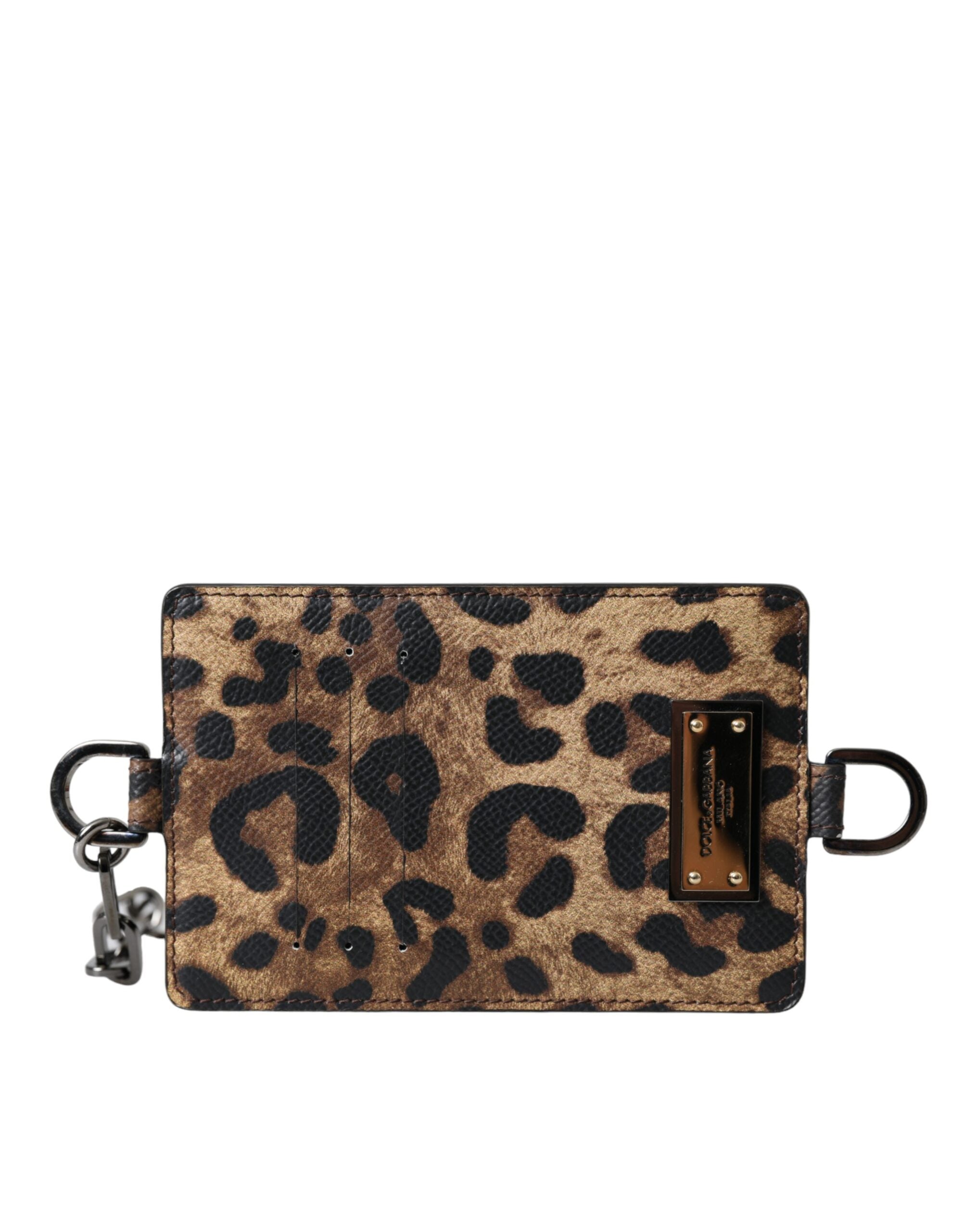 Dolce & Gabbana Brown Leather Leopard Print Logo Plaque Cardholder Wallet