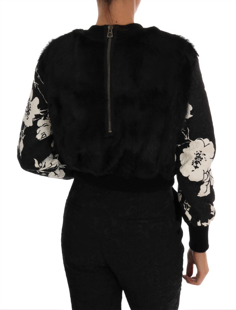 Dolce & Gabbana Floral Brocade Black Fur Sweater