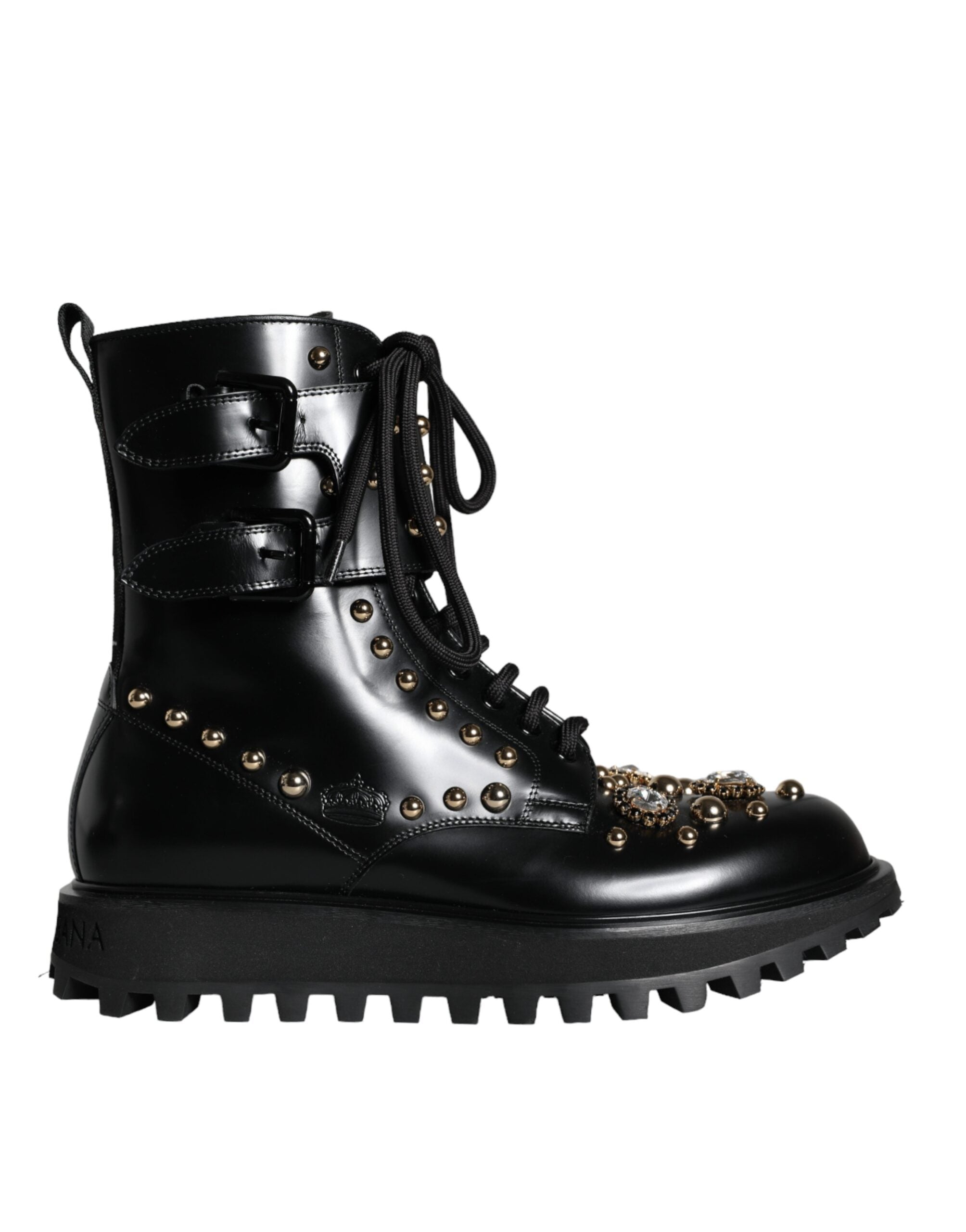 Dolce & Gabbana Black Leather Studs Embellished Combat Boots Shoes