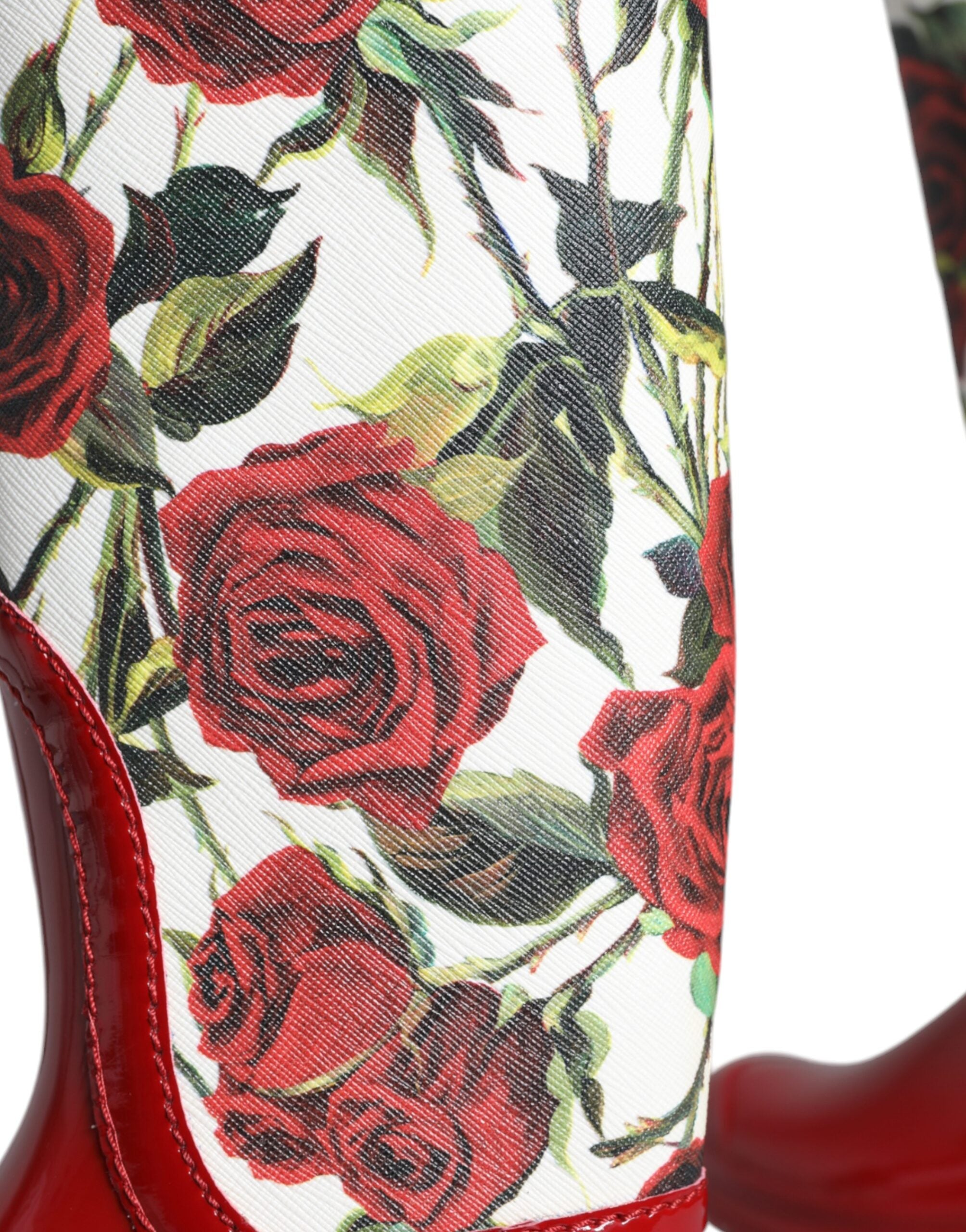 Dolce & Gabbana Red Floral Rubber Knee High Flat Boots Shoes