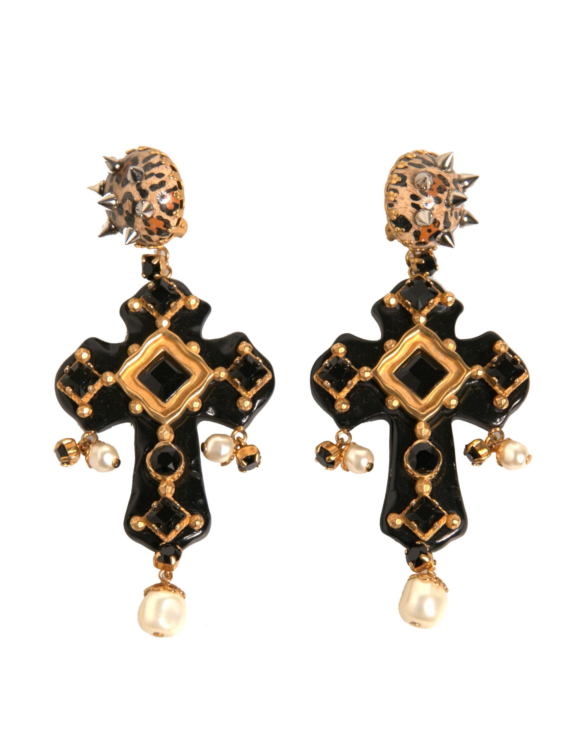 Dolce & Gabbana Black Crystal Cross Crystal Embellished Gold Clip On Earrings