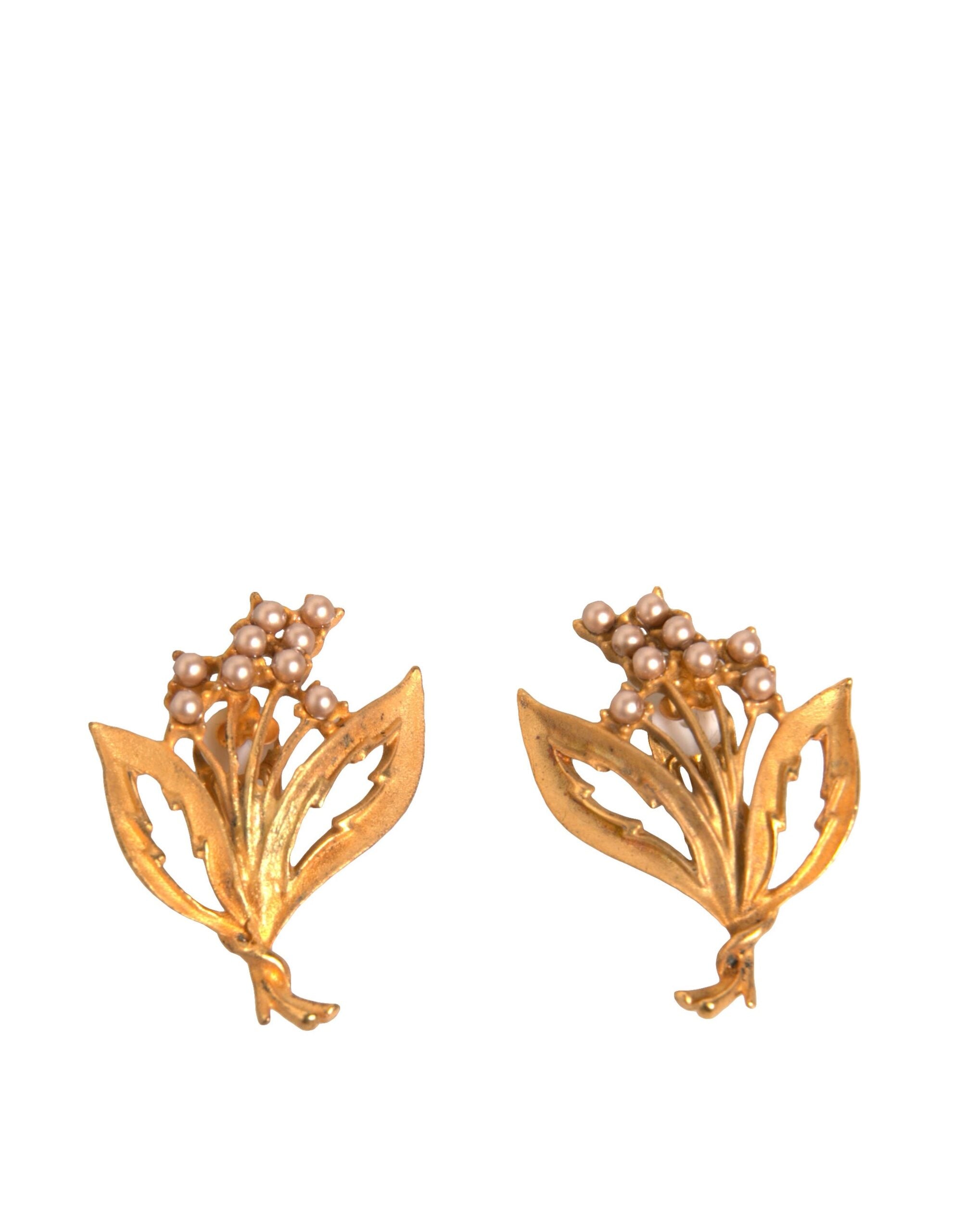 Dolce & Gabbana Gold Tone Brass Lily Of The Valley Pearl Clip On Earrings