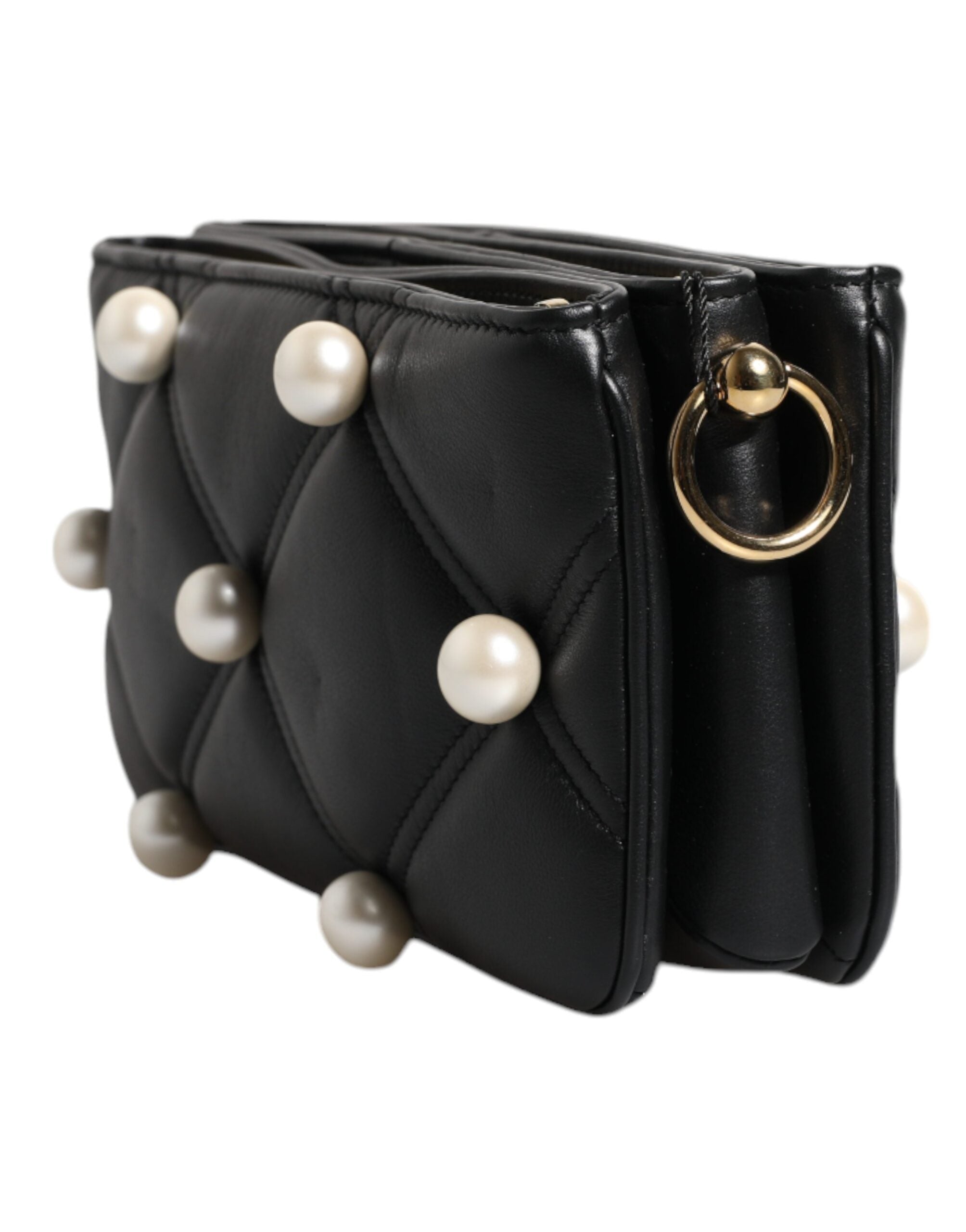 Dolce & Gabbana Black Leather Pearl Embellished Logo Shoulder Bag