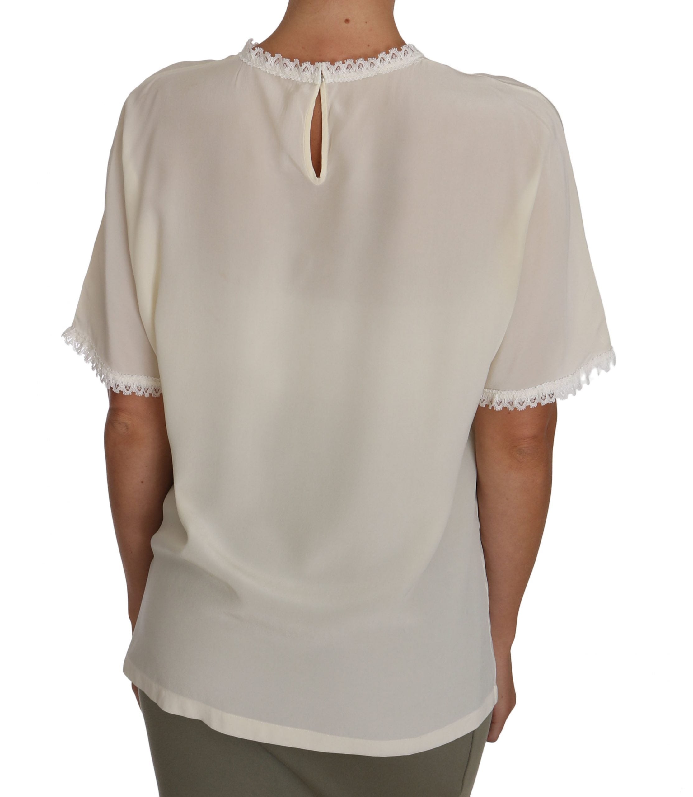 Dolce & Gabbana Cream Silk Lace-Detailed Blouse Top